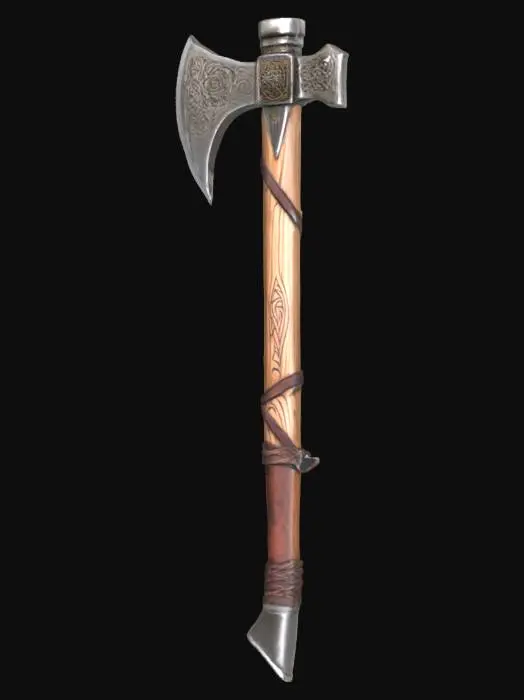 3D model for I'd like a Viking battle axe, wooden grip with leather straps, metal engravings on axe heads, detailed wooden shaft.