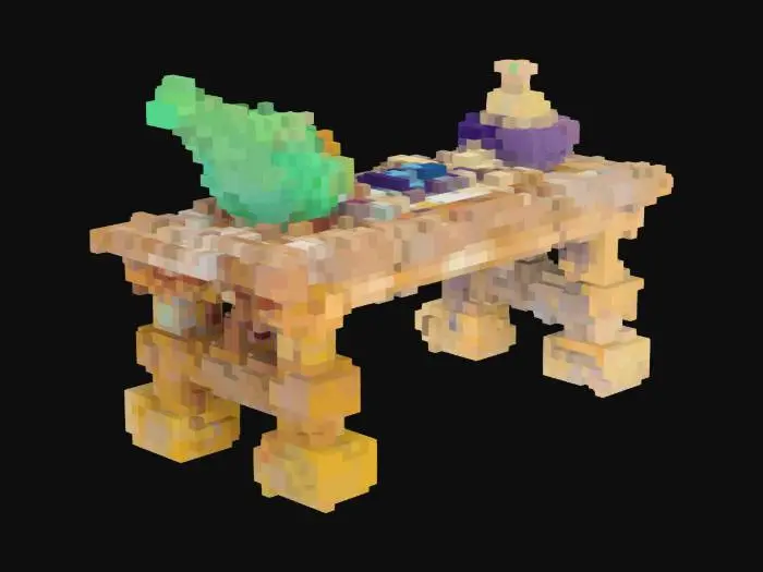 3D model for A highly detailed medieval style fancy long table with mortar and pestle, a retort and an alembic