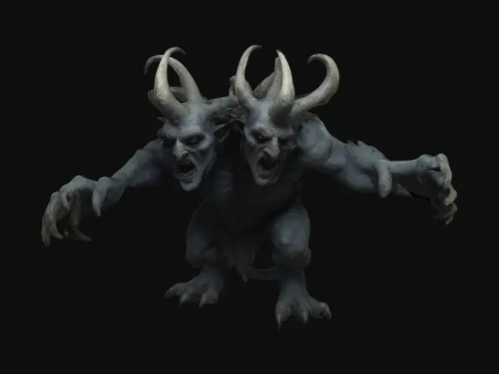 3D model for a grotesque two-headed giant creature inspired by Nordic mythology and Elden Ring aesthetics. Dark medieval fantasy