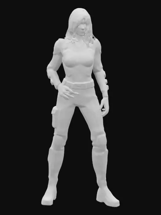 3D model for high poly model, 4k resolution, photoreal, an enigmatic and alluring interstellar navigator. She stands 5'8" with a slender, athletic build. Her long, cascading silver hair flows like starlight, framing her heart-shaped face. Deep violet eyes shimmer with intelligence and mystery. Dressed in a fitted dark jumpsuit with glowing circuitry patterns, she exudes confidence and charisma. Featuring sleek black knee-high boots and a stylish utility belt, she's ready for adventure in the cosmos.