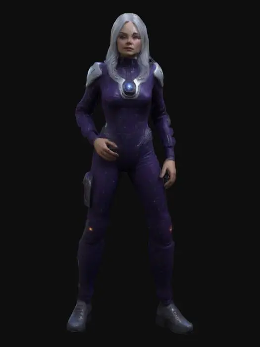3D model for high poly model, 4k resolution, photoreal, an enigmatic and alluring interstellar navigator. She stands 5'8" with a slender, athletic build. Her long, cascading silver hair flows like starlight, framing her heart-shaped face. Deep violet eyes shimmer with intelligence and mystery. Dressed in a fitted dark jumpsuit with glowing circuitry patterns, she exudes confidence and charisma. Featuring sleek black knee-high boots and a stylish utility belt, she's ready for adventure in the cosmos.