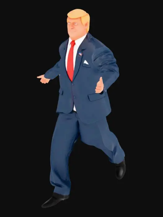 3D model for Hyper-real 3D Donald J. Trump, 78, 47th Pres: navy suit, white shirt, long red tie (Windsor), flag pin, pocket sq. Gold comb-over, tanned skin , blue eyes, smirk. OK hand gesture, power stance. 8K PBR, 35k quads, UDIM, SSS skin, hair cards. Studio 3-point light, white cove, 50mm f/2.8. Style: Photoreal Human-Ultra. Enable Hi-Fi Face, Hair, Clothing Phys. Neg: blur, deform, cartoon, short tie, hat. Seed 42