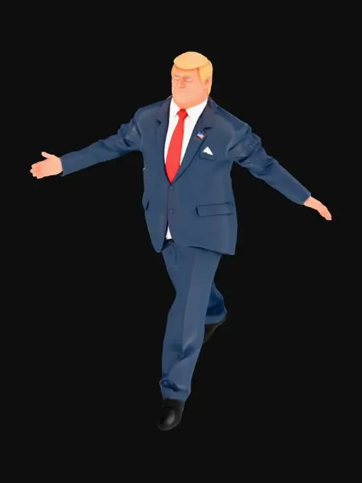 3D model for Hyper-real 3D Donald J. Trump, 78, 47th Pres: navy suit, white shirt, long red tie (Windsor), flag pin, pocket sq. Gold comb-over, tanned skin , blue eyes, smirk. OK hand gesture, power stance. 8K PBR, 35k quads, UDIM, SSS skin, hair cards. Studio 3-point light, white cove, 50mm f/2.8. Style: Photoreal Human-Ultra. Enable Hi-Fi Face, Hair, Clothing Phys. Neg: blur, deform, cartoon, short tie, hat. Seed 42