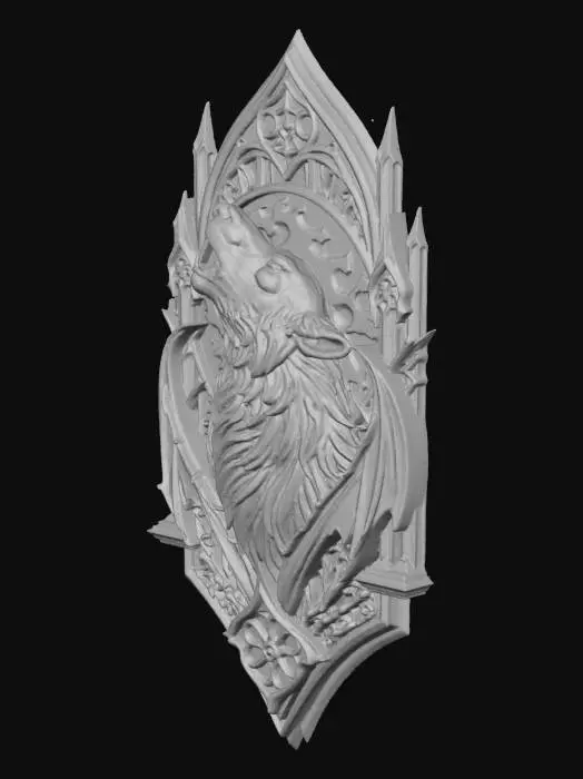 3D model for bas-relief sculpté en bois, représentant un loup hurlant à la lune. Fantasy, Gothisme.