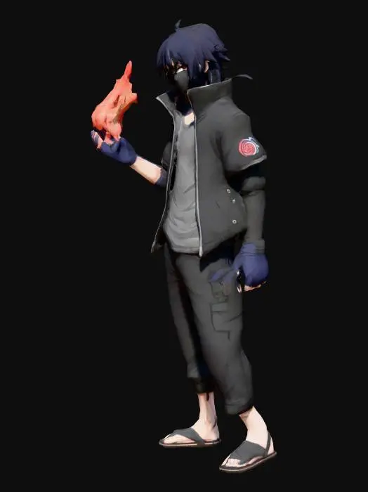 3D model for Original Character: Darko Uchiha.
with a Sharingan in his eyes.
Shadow Flame in his left hand.
His clothes: Black short jacket, Black pants, Grey t-shirt, dark blue gloves, Dark Blue Naruto's ninja sandals and Black Hair.