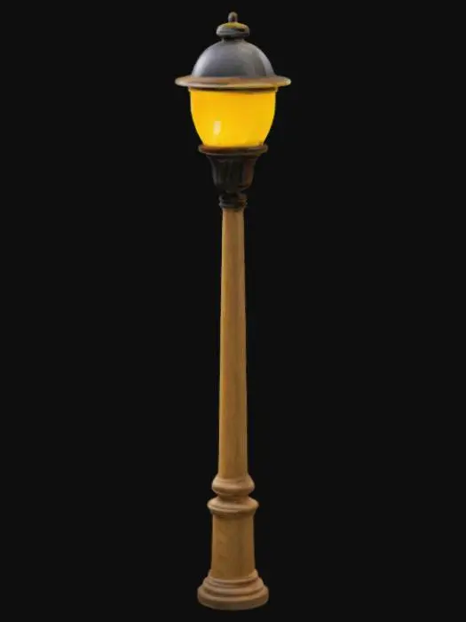 3D model for simple wood street lamp with a sphere form top section which consists of a glowing white light enclosed in a glass or plastic cover.
