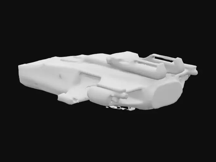 3D model for Design a detailed, Star Wars-inspired spaceship with a sleek, battle-worn hull. The ship should combine the industrial style of the Millennium Falcon with the aggressive, angular silhouette of an Imperial Star Destroyer. Include glowing blue engine thrusters, weathered metallic textures, laser cannon turrets, and a rugged, asymmetrical design. The color scheme should feature gunmetal gray, with subtle red and white highlights. Emphasize realism, sci-fi mechanics, and cinematic detail in a futuristic galactic setting.