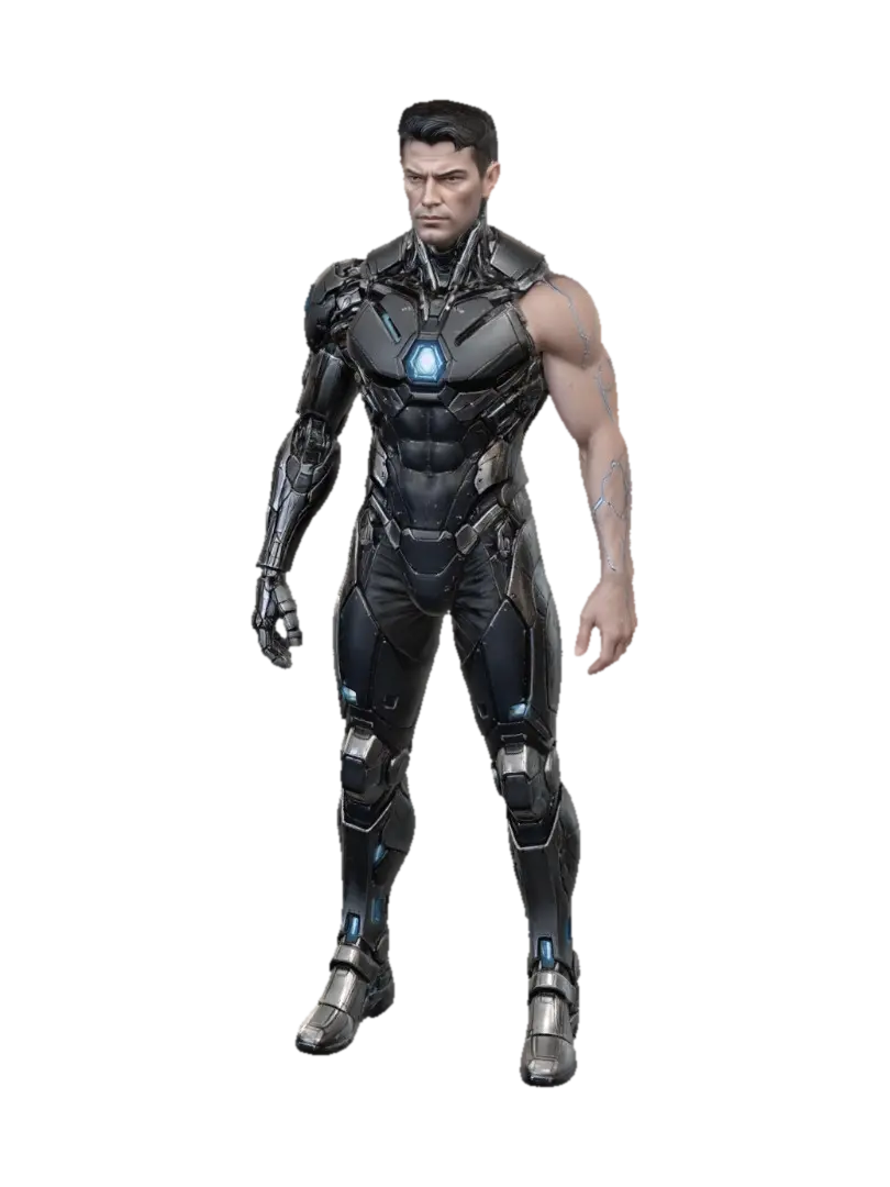 Extract the front-facing view of the cyberpunk soldier character from the first… - Neutralpose 3D model, vytvořený pomocí AI