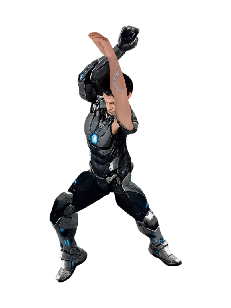 Extract the front-facing view of the cyberpunk soldier character from the first… - Neutralpose 3D model, vytvořený pomocí AI