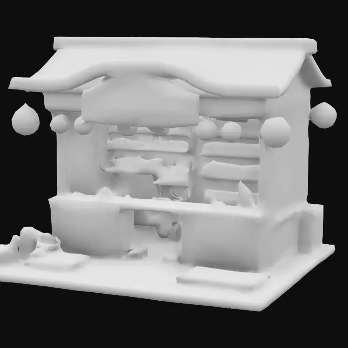 3D model for Create a 3D model of a festive fireworks shop for a New Year-themed tycoon game. A small wooden stall with a curved roof, glowing lanterns, and a "Fireworks" sign. The counter displays sparklers and rockets, with shelves holding colorful firework boxes. Use red, gold, and blue accents with glowing effects for a celebratory look.

