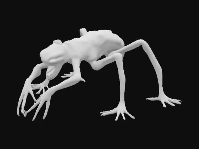 3D model for Emaciated creature crawling on all fours, with elongated limbs and exposed, sinewy joints. Its pale, leathery skin is stretched tight over a bony frame. Fingers and toes end in jagged claws, digging into the ground as it moves in jerky, unnatural motions. Its head hangs low, featureless except for a gaping maw
