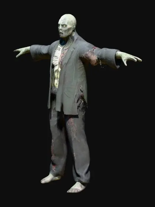 3D model for A realistic male zombie stands in a rigid T-pose, clad in a severely tattered and grimy dark suit, its fabric stretched and torn to reveal patches of decaying skin beneath. His once-formal attire, now a dull, stained grey, hangs loosely from his emaciated frame. Mottled, greyish-green flesh covers his gaunt face and hands, textured with brittle, desiccated patches and visible veins. His sunken eyes are lifeless and glazed, fixed in a vacant stare.