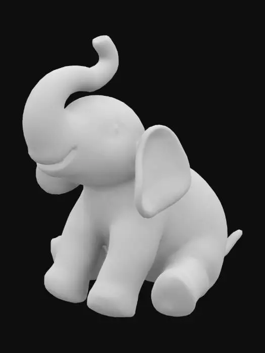 3D model for create a plastic blue elephant sitting on its butt with its head looking straight up in the air and extending his trunk straight up in the air 90 degrees to that of the ground
