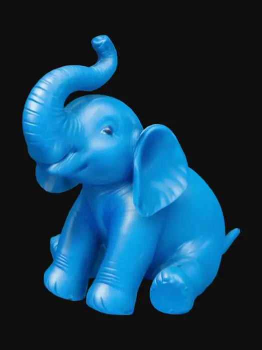 3D model for create a plastic blue elephant sitting on its butt with its head looking straight up in the air and extending his trunk straight up in the air 90 degrees to that of the ground