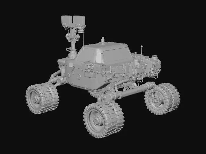 3D model for Create a rover that needs to survive a dust storm on Mars, it must have a few built in windmills that can react when solar energy is down, it should also have a few installed lights which turn on when it goes dark during the storm.
It must have a wing shield to cover itself when the storm hits and a device similar to a windshield wiper to clean up if it gets affected and the cameras are blocked. It should also be able to detect as much water and ice left on the planet as it can do it's best to extract it.