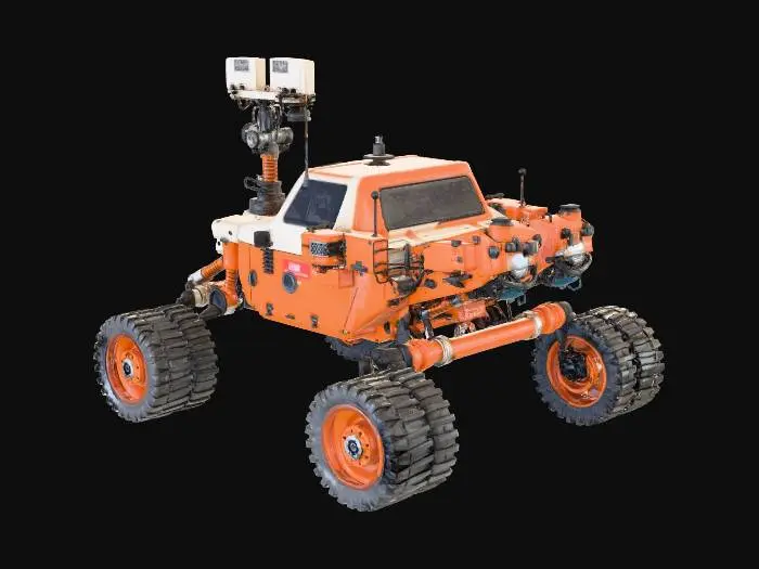 3D model for Create a rover that needs to survive a dust storm on Mars, it must have a few built in windmills that can react when solar energy is down, it should also have a few installed lights which turn on when it goes dark during the storm.
It must have a wing shield to cover itself when the storm hits and a device similar to a windshield wiper to clean up if it gets affected and the cameras are blocked. It should also be able to detect as much water and ice left on the planet as it can do it's best to extract it.