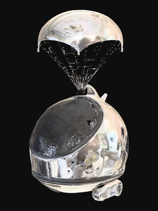 3D model for Generate a model of  a human pod outside view refer a rocket made by nasa and its human pod inside of a rocket add a few parachutes too
and if possible make an inside view which is open from the top