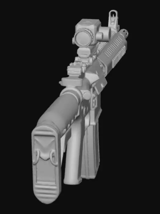 3D model for Детализированная модель винтовки AR-15 в стиле "милитари", с реалистичными потёртостями и следами использования на чёрной матовой поверхности. Алюминиевые элементы имеют лёгкий блеск, а полимерные части — слегка шершавую текстуру. На ствольной коробке присутствуют выгравированные маркировки, а обвесы, такие как тактический фонарь и оптический прицел, органично дополняют её функциональный и боевой вид.