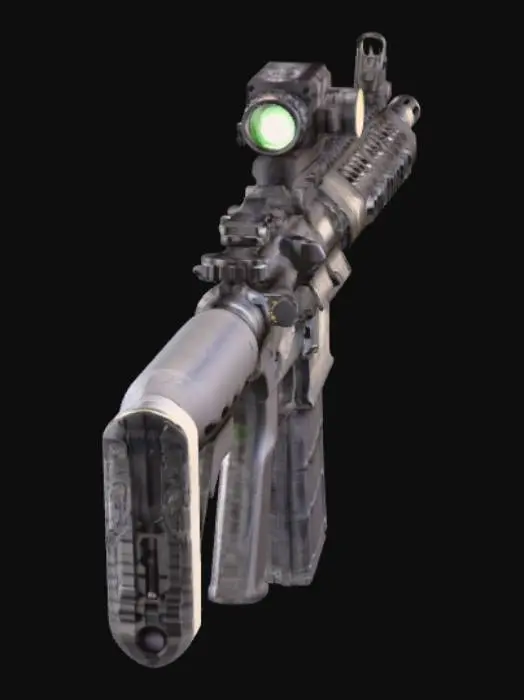 3D model for Детализированная модель винтовки AR-15 в стиле "милитари", с реалистичными потёртостями и следами использования на чёрной матовой поверхности. Алюминиевые элементы имеют лёгкий блеск, а полимерные части — слегка шершавую текстуру. На ствольной коробке присутствуют выгравированные маркировки, а обвесы, такие как тактический фонарь и оптический прицел, органично дополняют её функциональный и боевой вид.