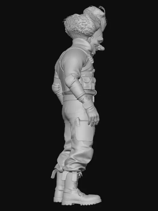 3D model for Эта 3D-модель представляет собой персонажа в тёмном, прилегающем тактическом костюме, включающем чёрный лонгслив, брюки карго и тяжёлые ботинки. Руки закрыты плотными чёрными перчатками. Лицо персонажа скрыто тревожной белой маской клоуна с ярко-красными губами и носом, а также полыми, тёмными глазами. Пучок ярких синих, синтетических кудрявых волос обрамляет маску, создавая зловещее сочетание игривых и угрожающих элементов.