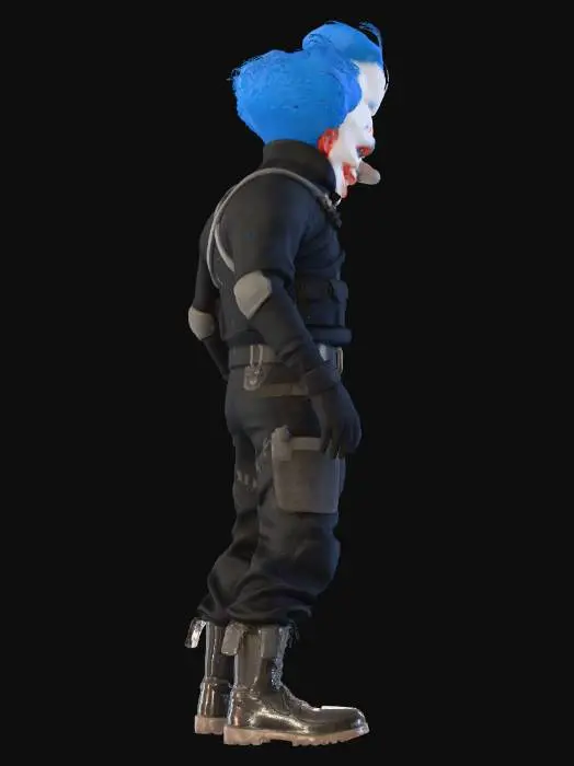3D model for Эта 3D-модель представляет собой персонажа в тёмном, прилегающем тактическом костюме, включающем чёрный лонгслив, брюки карго и тяжёлые ботинки. Руки закрыты плотными чёрными перчатками. Лицо персонажа скрыто тревожной белой маской клоуна с ярко-красными губами и носом, а также полыми, тёмными глазами. Пучок ярких синих, синтетических кудрявых волос обрамляет маску, создавая зловещее сочетание игривых и угрожающих элементов.