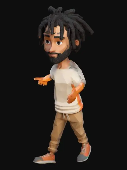 3D model for Erstelle eine minimalistische, animierte 3D-Figur in low-poly : schlank, sportlich, schwarze lockige Dreadlocks, cappuccino-farbene Haut, freundliches Gesicht mit Vollbart. Kleidung: leger (z. B. T-Shirt und Jogginghose in neutralen Farben). Der Stil ist geometrisch und farbenfroh, ohne übermäßige Details, passend zum minimalistischen Design. Arme nach außen gerichtet (für Rig). Kleidung schwarz mit Aufdruck unserer milchstraße in leuchtenden farben. Textur glatt