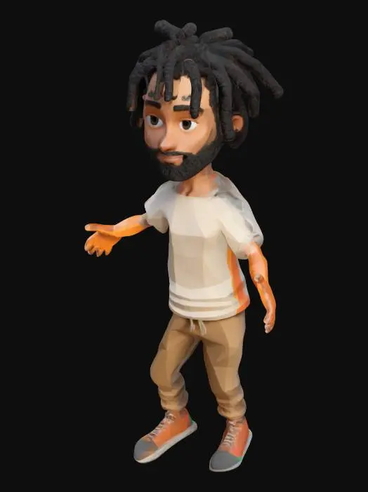 3D model for Erstelle eine minimalistische, animierte 3D-Figur in low-poly : schlank, sportlich, schwarze lockige Dreadlocks, cappuccino-farbene Haut, freundliches Gesicht mit Vollbart. Kleidung: leger (z. B. T-Shirt und Jogginghose in neutralen Farben). Der Stil ist geometrisch und farbenfroh, ohne übermäßige Details, passend zum minimalistischen Design. Arme nach außen gerichtet (für Rig). Kleidung schwarz mit Aufdruck unserer milchstraße in leuchtenden farben. Textur glatt