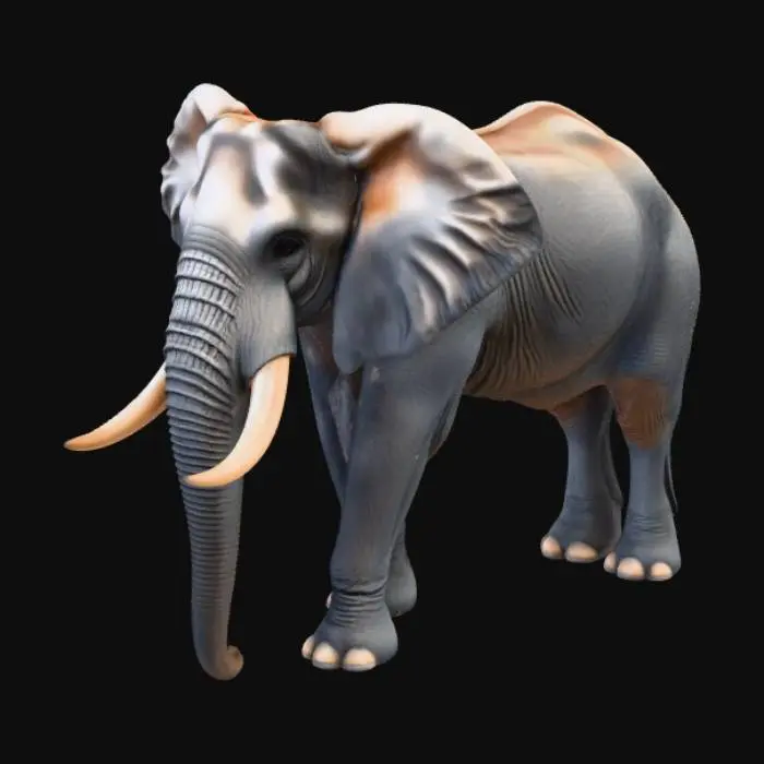 3D model for Realistic African elephant 3D model with accurate anatomy and natural proportions. Full-body elephant standing in neutral pose, large ears, long curved tusks, detailed trunk structure with folds, thick pillar-like legs, and realistic foot pads. Highly detailed wrinkled skin with natural cracks, pores, and rough dusty texture. Subtle asymmetry, skin sag, and muscle structure visible under the skin. Small tail with hair tuft, realistic eyes and eyelids. Photorealistic animal reference, zoological accuracy, high-resolution sculpt detail, clean background, centered model, ideal for 3D modeling reference, natural grey color variations and dirt patches.