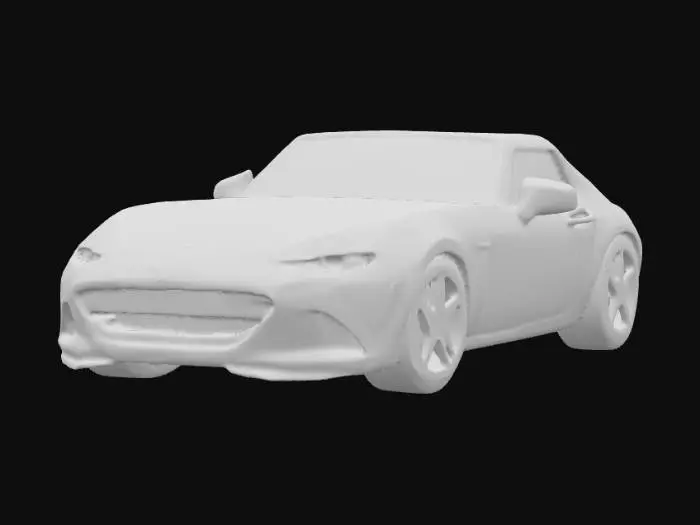 3D model for Generate a 3D voxel-style model of a Mazda MX-5 (4th generation, ND, 2015–2022). Requirements: blocky cubic geometry, simplified voxel look similar to Minecraft. Keep the car’s proportions recognizable: low sporty roadster body, long hood, compact cabin, two doors, rounded headlights simplified into voxel shapes, visible wheels. Main colors: red body, black wheels, dark/transparent windows, white/red voxel headlights and taillights.