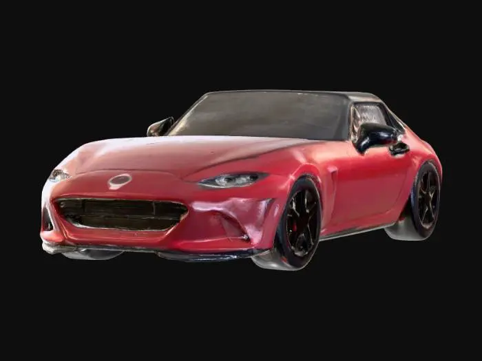 3D model for Generate a 3D voxel-style model of a Mazda MX-5 (4th generation, ND, 2015–2022). Requirements: blocky cubic geometry, simplified voxel look similar to Minecraft. Keep the car’s proportions recognizable: low sporty roadster body, long hood, compact cabin, two doors, rounded headlights simplified into voxel shapes, visible wheels. Main colors: red body, black wheels, dark/transparent windows, white/red voxel headlights and taillights.