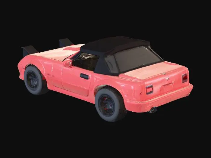 3D model for Create a voxel-style  Mazda MX-5 (ND generation). Keep the car recognizable by its low sporty body, compact size and signature front design. The model should be built entirely from cubic voxels in Minecraft-like style. Simplify details into blocky shapes: headlights, grille, wheels, windows. Colors: red body, black wheels, dark windows. Pure voxel art, not optimized for 3D printing.