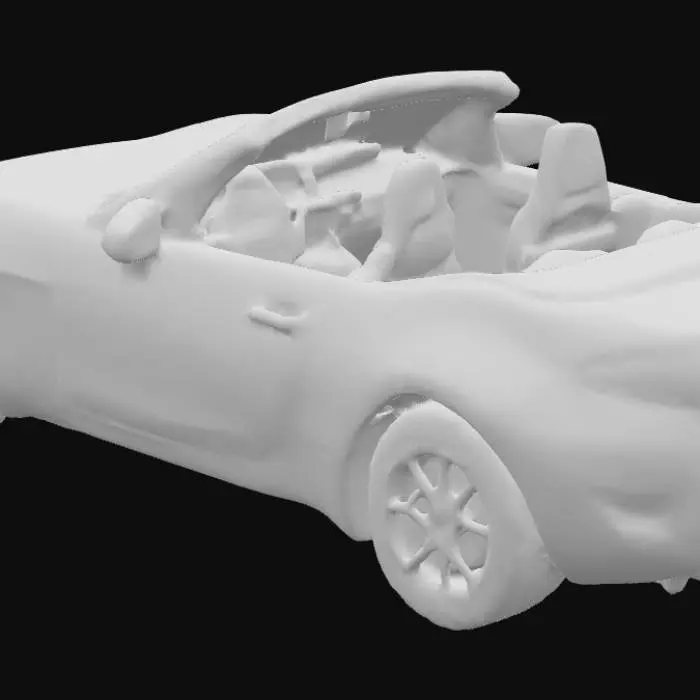 3D model for 
Create a voxel-style  model of a Mazda MX-5 (ND generation). Keep the car recognizable by its low sporty body, compact size and signature front design. The model should be built entirely from cubic voxels in Minecraft-like style. Simplify details into blocky shapes: headlights, grille, wheels, windows. Colors: red body, black wheels, dark windows. 