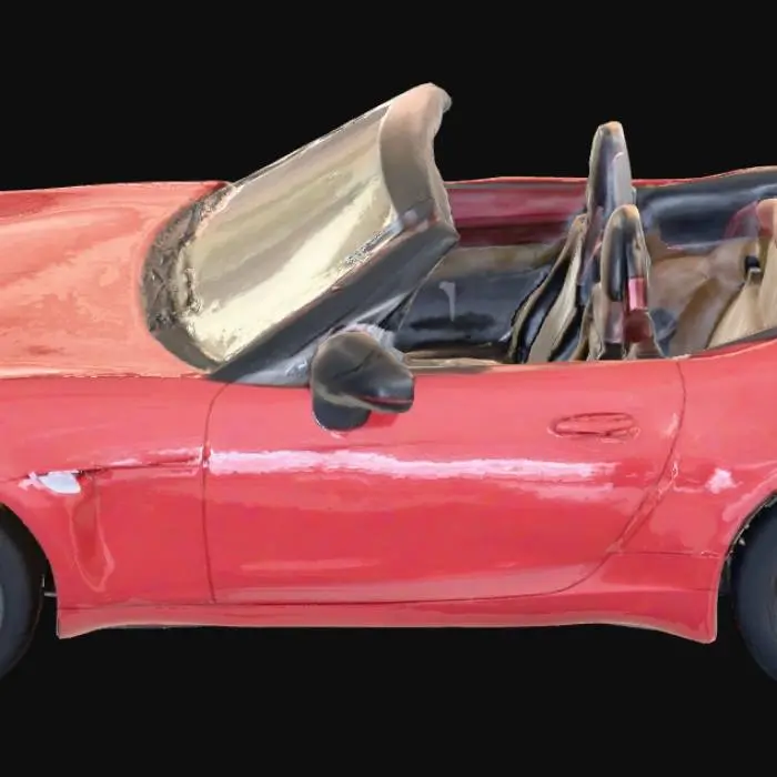 3D model for 
Create a voxel-style  model of a Mazda MX-5 (ND generation). Keep the car recognizable by its low sporty body, compact size and signature front design. The model should be built entirely from cubic voxels in Minecraft-like style. Simplify details into blocky shapes: headlights, grille, wheels, windows. Colors: red body, black wheels, dark windows. 