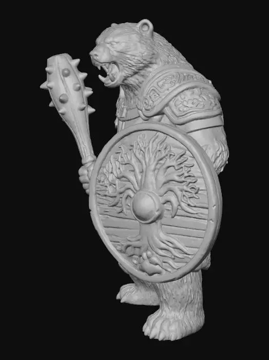 3D model for A 3d nordic coin, wooden like, with an torso of an armored wereBear with a shield and mace in the coins face. With the Text: Hexproof within the face border. The emblem in the shield will be a tree or bear pawn
