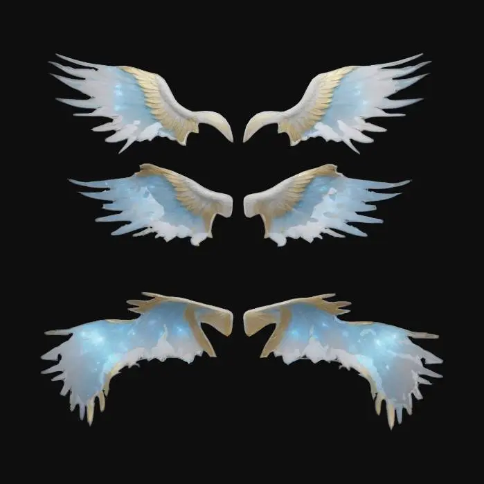 3D model for 
"Design six large, glowing Seraphim wings with layered feathers that shimmer in cool whites, soft blues, and gold accents. The feathers have frosted, crystalline edges for a mystical, icy aura. Wings are symmetrical, with three on each side, cascading in size. They radiate divine power, leaving faint light trails as if in motion, and emit a soft glow, blending dynamically with lighting. Perfect for celestial or fantasy 3D character integration."