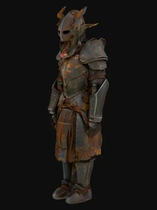 3D model for A knight in rusted and coroded armor with organic mouths, tongues and eyes creeping out of open areas in the armor