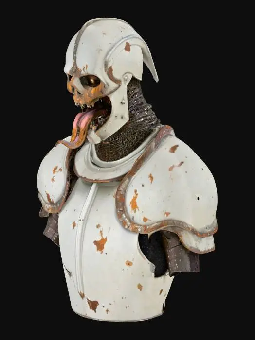 3D model for A knight in rusted and coroded armor with organic mouths, tongues and eyes creeping out of open areas in the armor