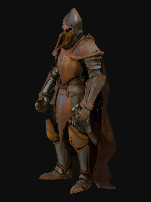 3D model for A knight in rusted and coroded armor with organic mouths, tongues and eyes creeping out of open areas in the armor