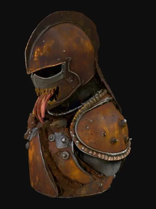 3D model for A knight in rusted and coroded armor with organic mouths, tongues and eyes creeping out of open areas in the armor