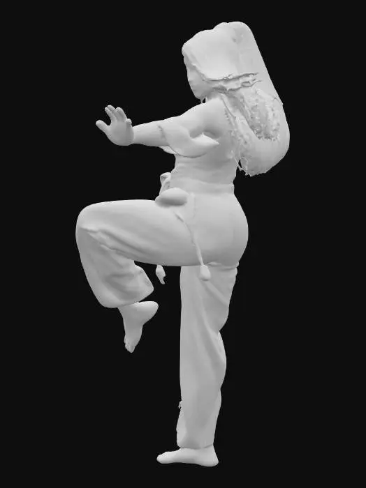 3D model for female martial artist with long hair and a dynamic pose