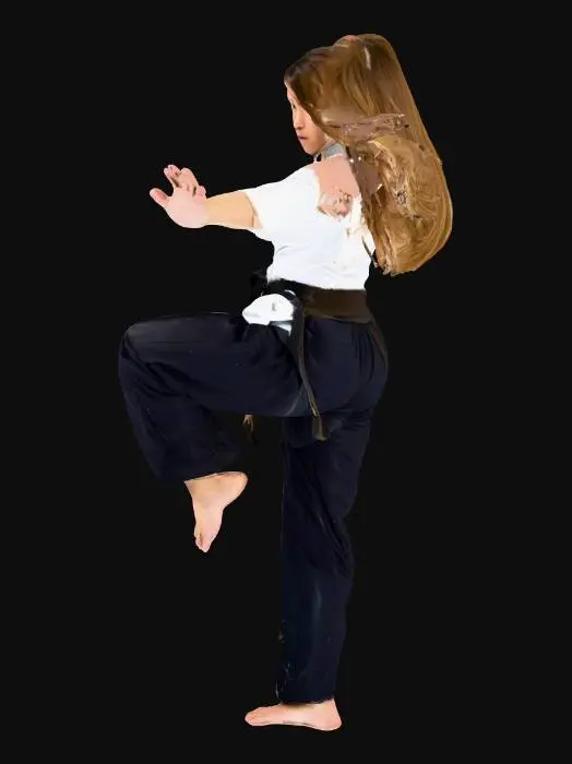 3D model for female martial artist with long hair and a dynamic pose