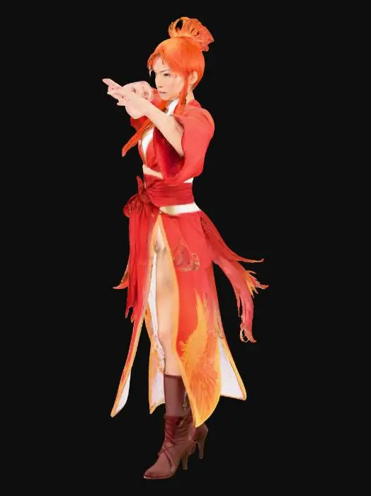 3D model for Female martial artist wearing fantasy clothes with a pheonix theme in dynamic poses