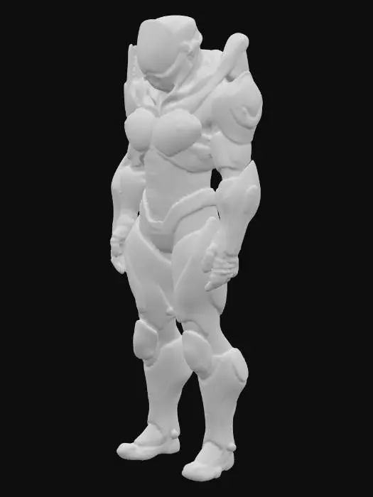 3D model for An advanced exosuit, drawing inspiration from Guyver, showcases a dynamic interplay of matte black and polished metallic violet plating. The armor’s surface possesses a finely etched, almost fibrous texture, giving it a high-tech yet organic feel. Strategically placed emerald green energy apertures emit a soft glow, particularly around the integrated forearm blades and central chest mass. The design is muscular and anatomically precise, following the contours of a powerful form, with a smooth, firm tactile quality to its segmented, overlapping protective layers.