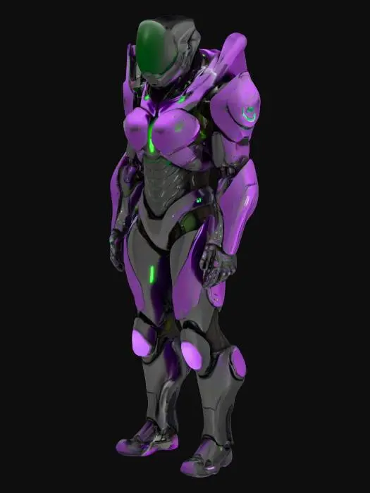 3D model for An advanced exosuit, drawing inspiration from Guyver, showcases a dynamic interplay of matte black and polished metallic violet plating. The armor’s surface possesses a finely etched, almost fibrous texture, giving it a high-tech yet organic feel. Strategically placed emerald green energy apertures emit a soft glow, particularly around the integrated forearm blades and central chest mass. The design is muscular and anatomically precise, following the contours of a powerful form, with a smooth, firm tactile quality to its segmented, overlapping protective layers.