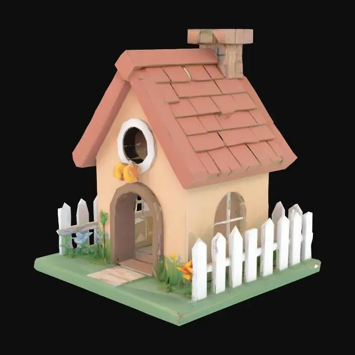 3D model for a bird house that looks like a cottage with a pickett fence and flowers on it.  The bird house is printed in separate parts that can be glued together 