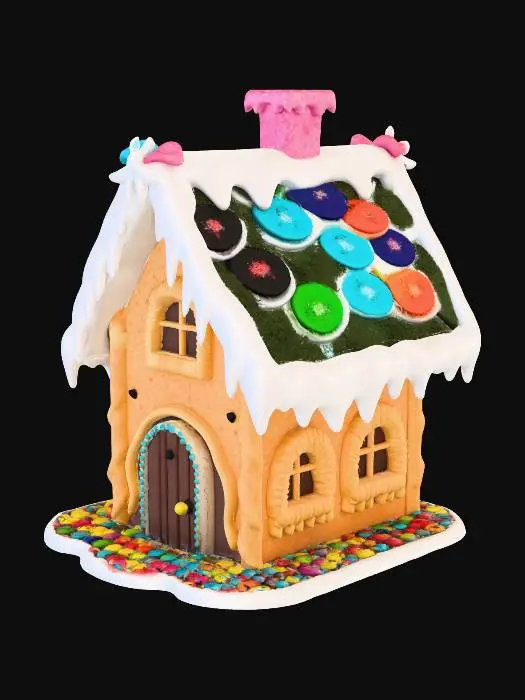 3D model for A 3D model of a whimsical crooked Gingerbread house. Thick walls, curved roof with dripping icing, candy cane columns by the door. Asymmetrical fairy-tale structure, chimney on top. Cartoonish proportions but high detail.
#Christmas2025#