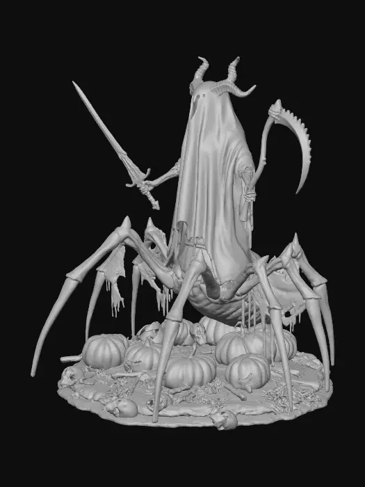 3D model for A horrifying dark-fantasy creature with the upper body of a demonic woman with a blood and soil stained large white sheet, worn as a cheaply made ghost costume. her arms poke through holes in the sheet. Her skin is pale gray with glowing red veins. you cannot see her face because of the sheet, but her large curved horns have ripped through. She holds a flaming sword in one hand and a corroded sickle in the other. From the waist down she becomes a giant spider with cracked black chitin, long sharp legs, and strands of torn webbing hanging from her. She stands atop rotting pumpkins and bones under cold, eerie light., #Halloween2025#