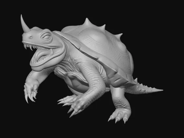 3D model for a prehistoric turtle like  animal,with a elongated nekand with a long tail full of thorns,with claws,and big shark like tooth an a horn in forhead