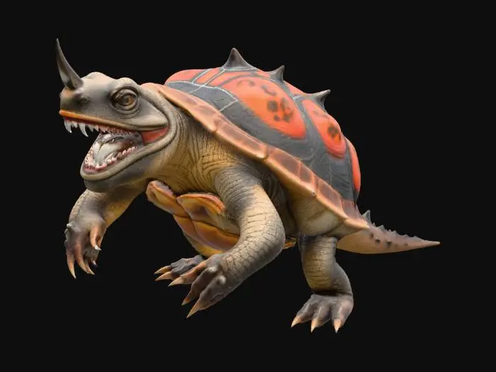 3D model for a prehistoric turtle like  animal,with a elongated nekand with a long tail full of thorns,with claws,and big shark like tooth an a horn in forhead