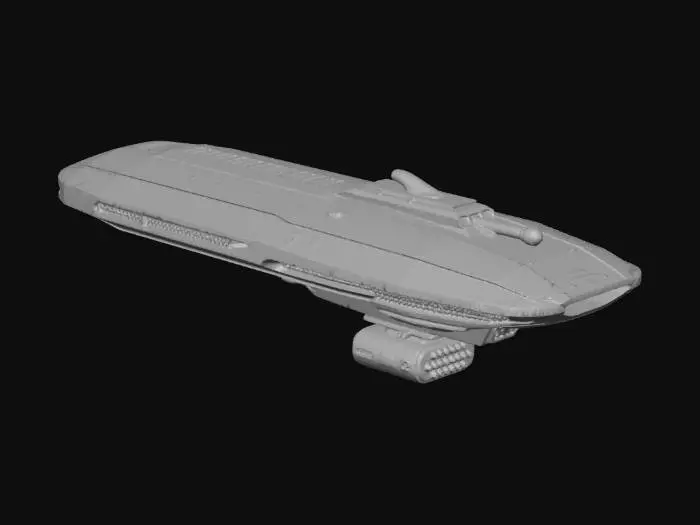 3D model for A huge long  highly detailed  spaceship like the USCSS Nostromo van alien movie with sparse lightened windows a dakv coating,and bright blue exhaust jet light